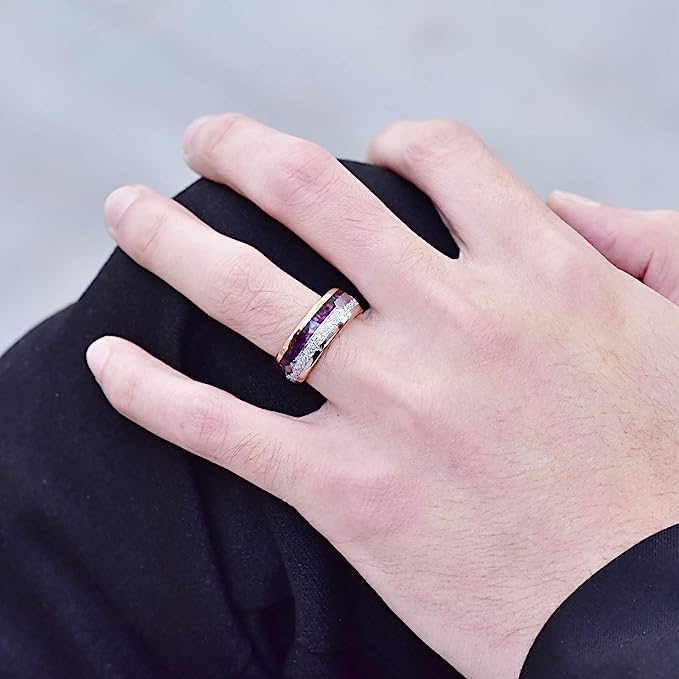 Gorgeous 8mm Imitated Meteorite & Agate Inlay Rose Gold Inner high polished inner-face design smooth and shiny. Comfort Fit Wedding Band Size 6-15