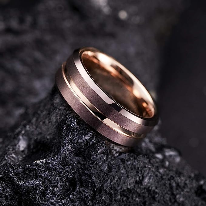 Genuine Carbide Tungsten Color: 8mm Wide Rose Gold & Brown matte finish & grooved center and high polished inner-face design smooth and shiny. Comfort Fit Wedding Band Size 6-15