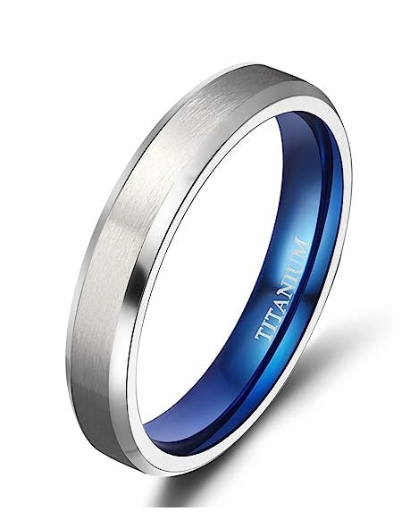 Genuine Titanium Silver Brushed Blue 4mm Wide Ring Wedding Band High Polished Comfort Fit.