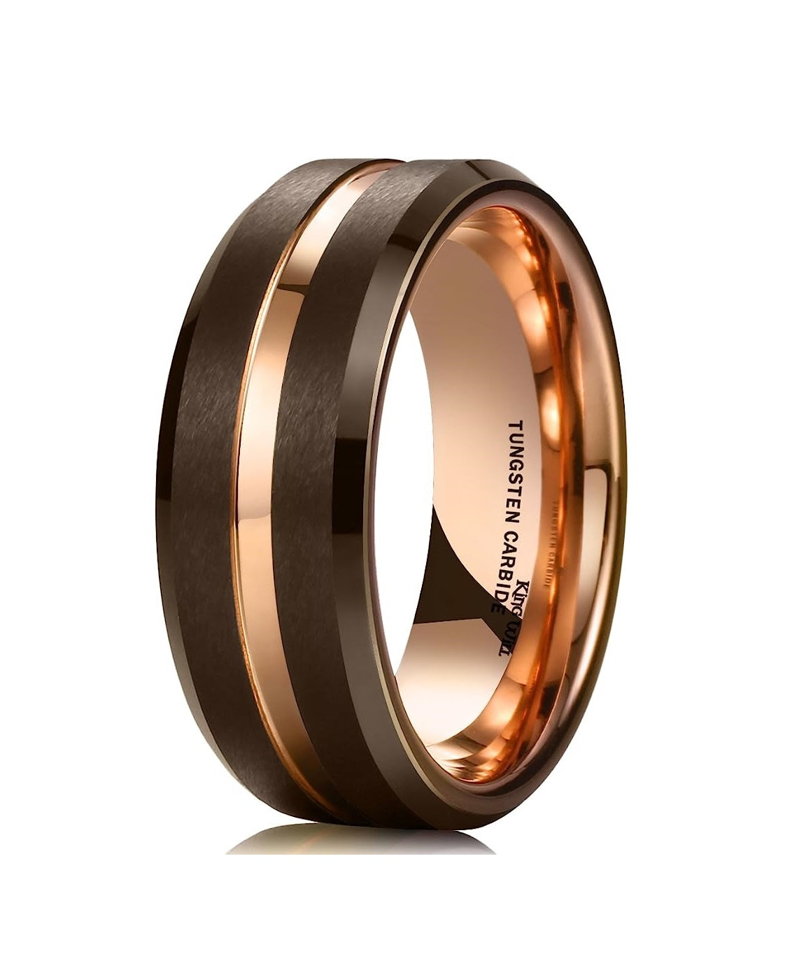 Genuine Carbide Tungsten Color: 8mm Wide Rose Gold & Brown matte finish & grooved center and high polished inner-face design smooth and shiny. Comfort Fit Wedding Band Size 6-15