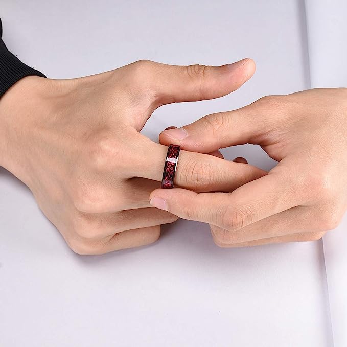 Genuine Carbide Tungsten Color: BLACK Laser Celtic Dragon RED Fiber Inlay 6mm RING Polished Shiny Comfort Fit Wedding Band Size Size 6-15