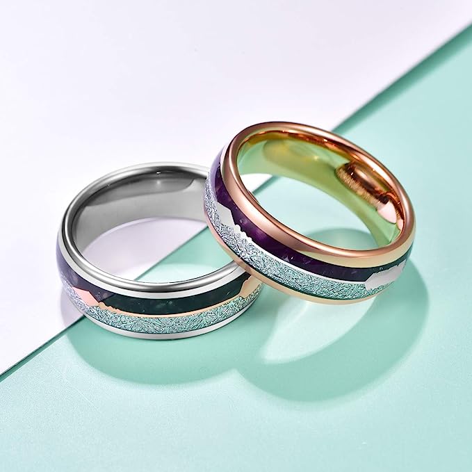 Gorgeous 8mm Imitated Meteorite & Agate Inlay Rose Gold Inner high polished inner-face design smooth and shiny. Comfort Fit Wedding Band Size 6-15