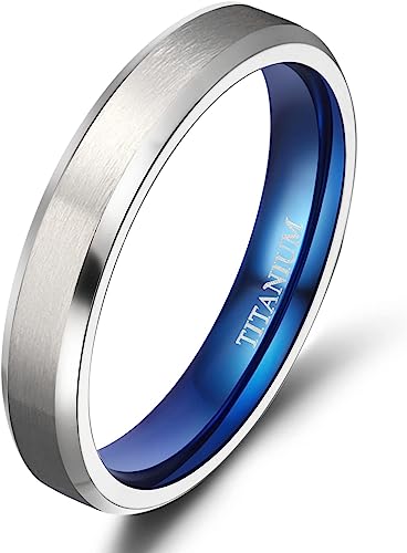 Genuine Titanium Silver Brushed Blue 4mm Wide Ring Wedding Band High Polished Comfort Fit.