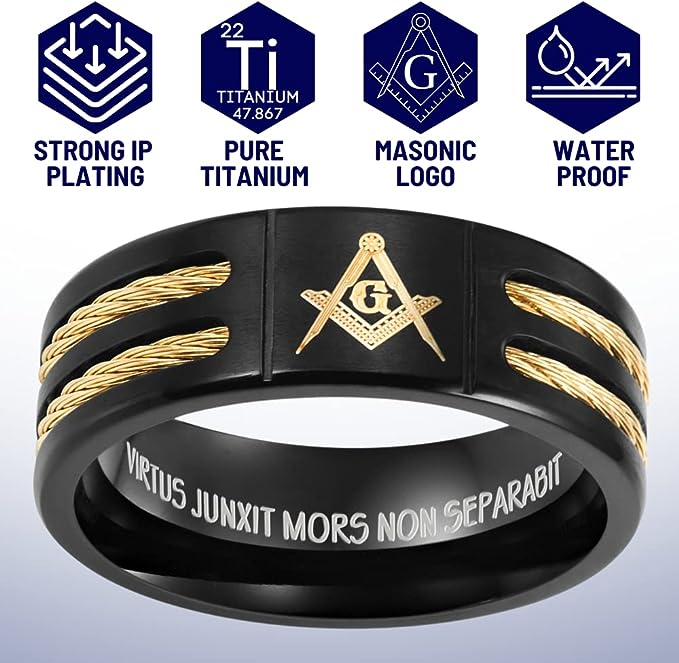 Genuine Titanium Black 8mm Wide Golden Masonic Man Ring High Polished Comfort Fit.