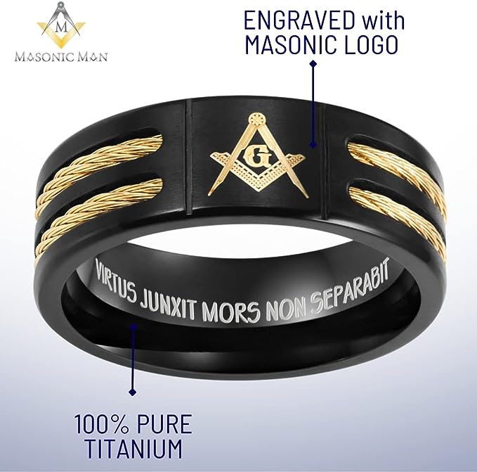 Genuine Titanium Black 8mm Wide Golden Masonic Man Ring High Polished Comfort Fit.