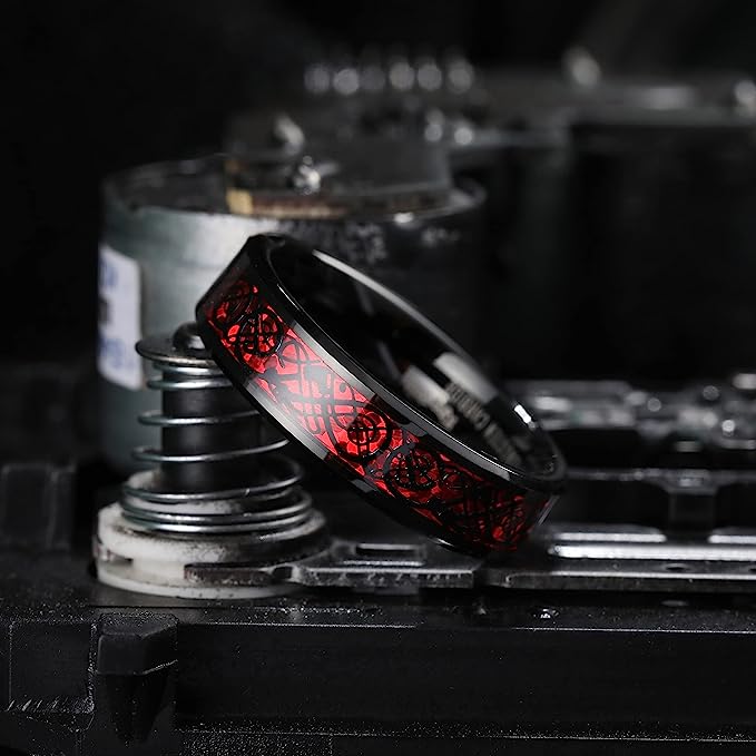 Genuine Carbide Tungsten Color: BLACK Laser Celtic Dragon RED Fiber Inlay 6mm RING Polished Shiny Comfort Fit Wedding Band Size Size 6-15