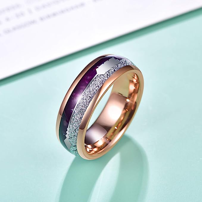 Gorgeous 8mm Imitated Meteorite & Agate Inlay Rose Gold Inner high polished inner-face design smooth and shiny. Comfort Fit Wedding Band Size 6-15