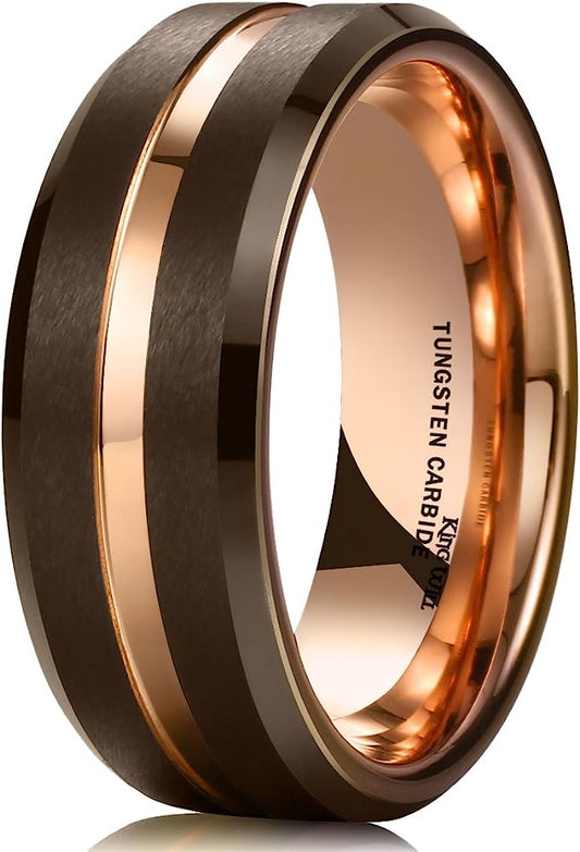 Genuine Carbide Tungsten Color: 8mm Wide Rose Gold & Brown matte finish & grooved center and high polished inner-face design smooth and shiny. Comfort Fit Wedding Band Size 6-15