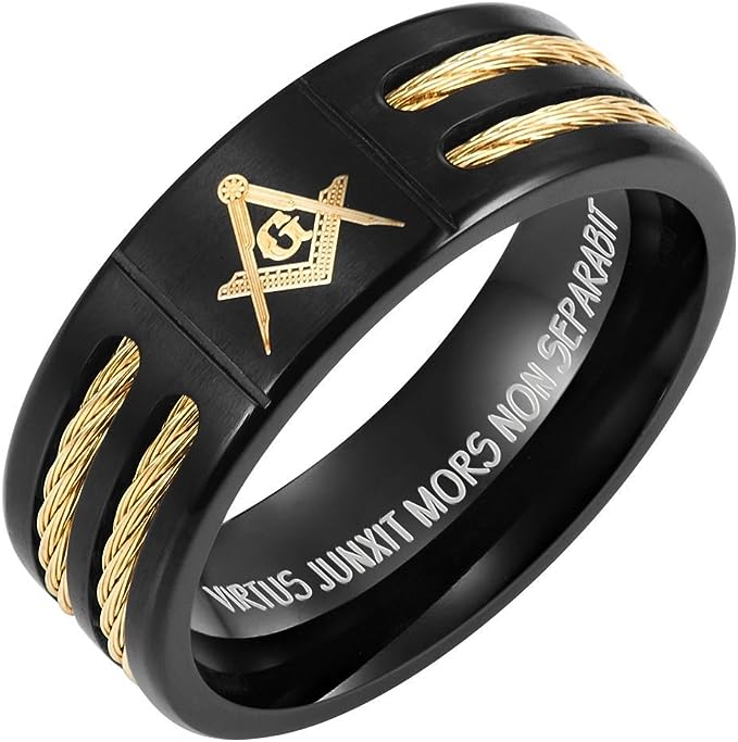 Genuine Titanium Black 8mm Wide Golden Masonic Man Ring High Polished Comfort Fit.