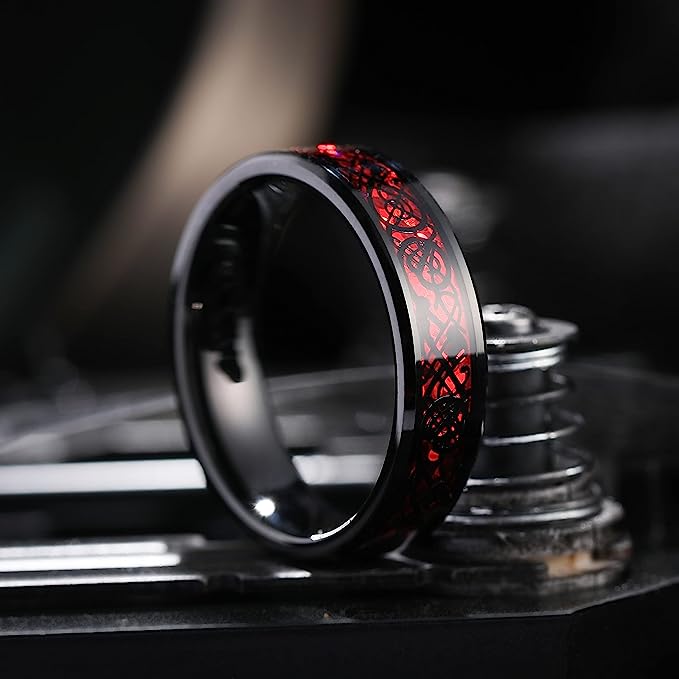 Genuine Carbide Tungsten Color: BLACK Laser Celtic Dragon RED Fiber Inlay 6mm RING Polished Shiny Comfort Fit Wedding Band Size Size 6-15