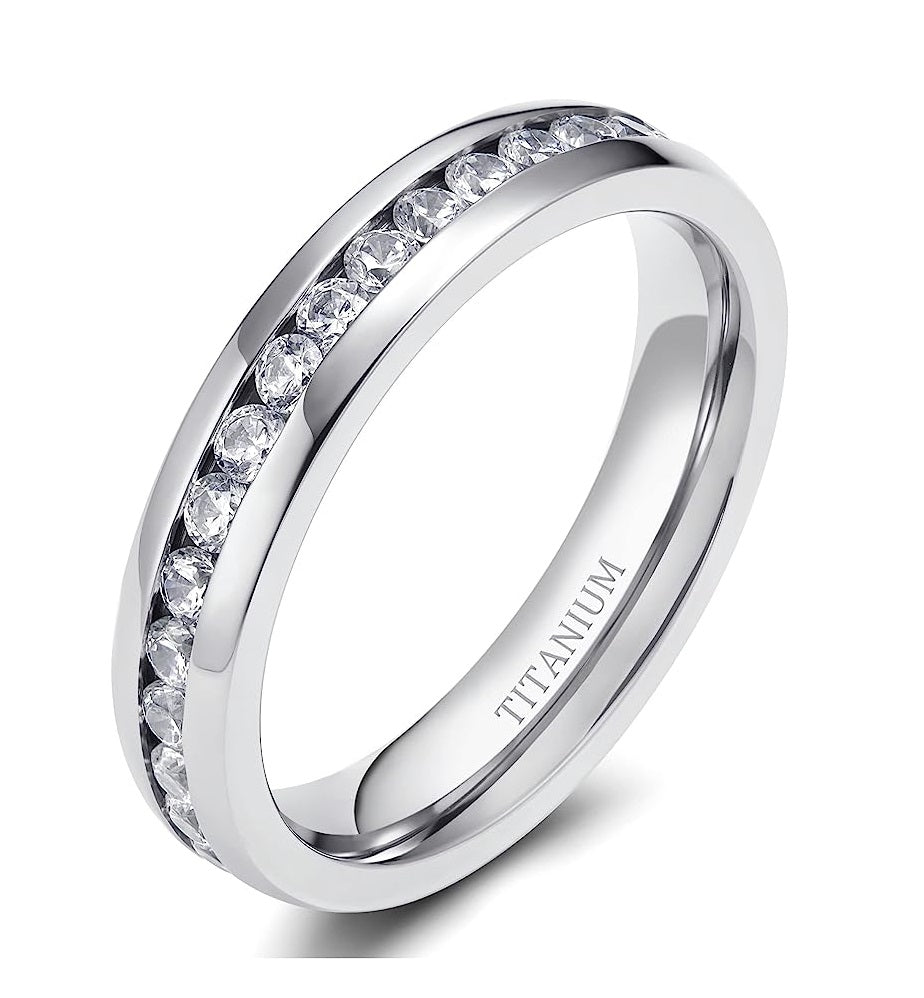 Genuine Titanium Silver 6mm Wide Ring Cubic Zirconia Eternity High Polished Comfort Fit.