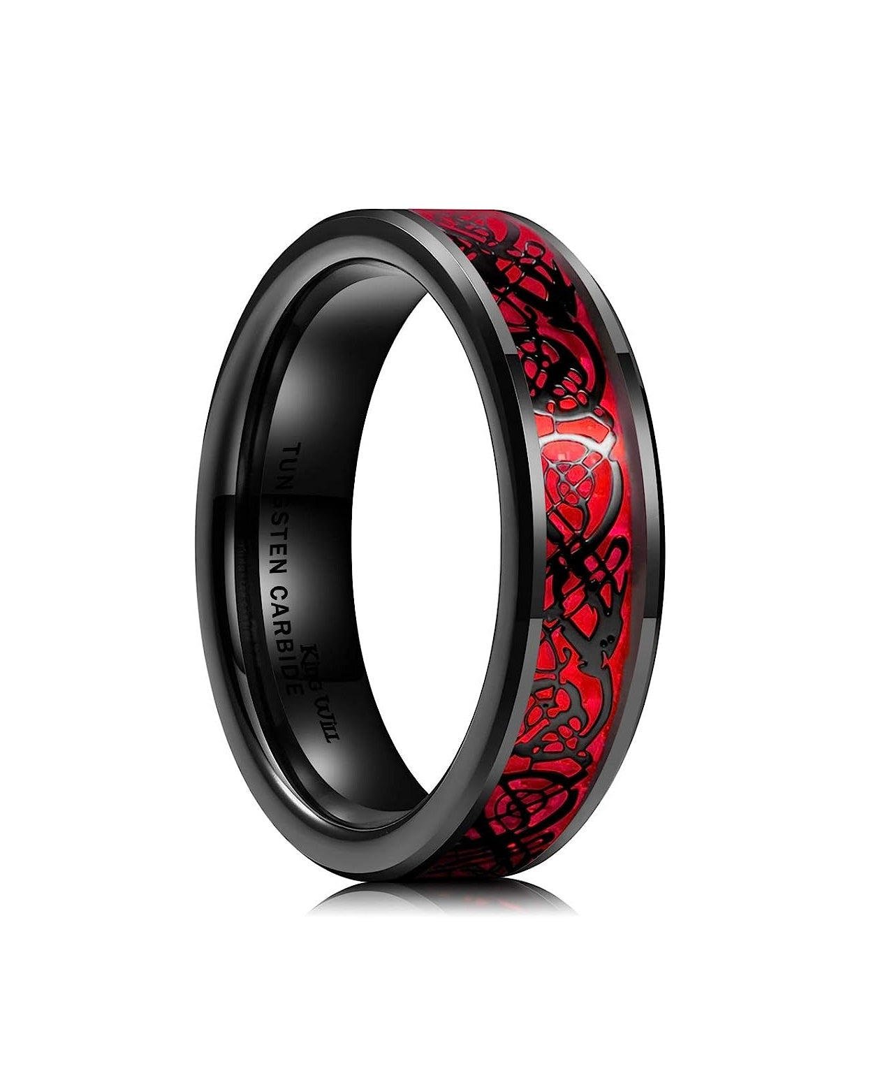 Genuine Carbide Tungsten Color: BLACK Laser Celtic Dragon RED Fiber Inlay 6mm RING Polished Shiny Comfort Fit Wedding Band Size Size 6-15