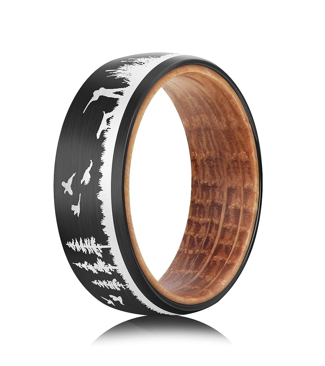 Genuine Carbide Tungsten Color: 8mm BLACK WHITE WOOD LINER inlay Laser Etched Forest Mountain Landscape, Matte Finish