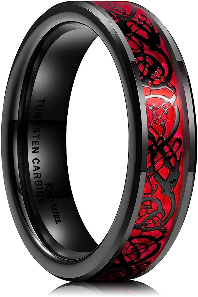 Genuine Carbide Tungsten Color: BLACK Laser Celtic Dragon RED Fiber Inlay 6mm RING Polished Shiny Comfort Fit Wedding Band Size Size 6-15
