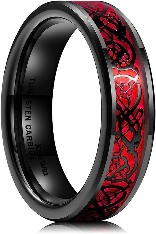 Genuine Carbide Tungsten Color: BLACK Laser Celtic Dragon RED Fiber Inlay 6mm RING Polished Shiny Comfort Fit Wedding Band Size Size 6-15