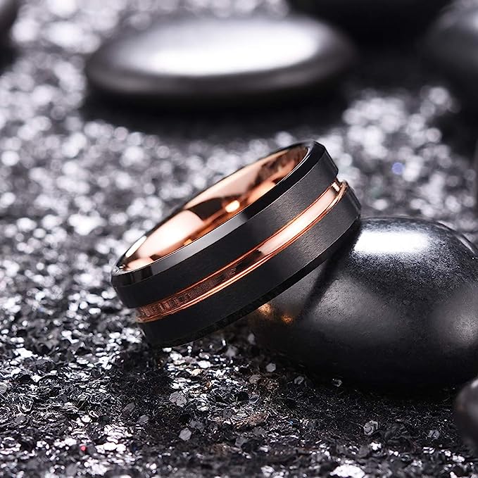 Genuine Carbide Tungsten Color: 8mm Wide Rose Gold & Black matte finish & grooved center and high polished inner-face design smooth and shiny. Comfort Fit Wedding Band Size 6-15