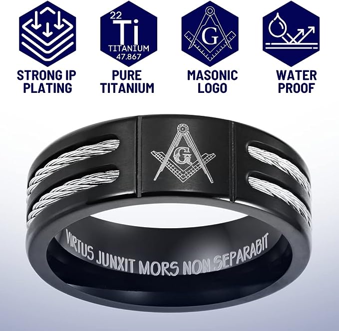 Genuine Titanium Black 8mm Wide Masonic Man Ring High Polished Comfort Fit.