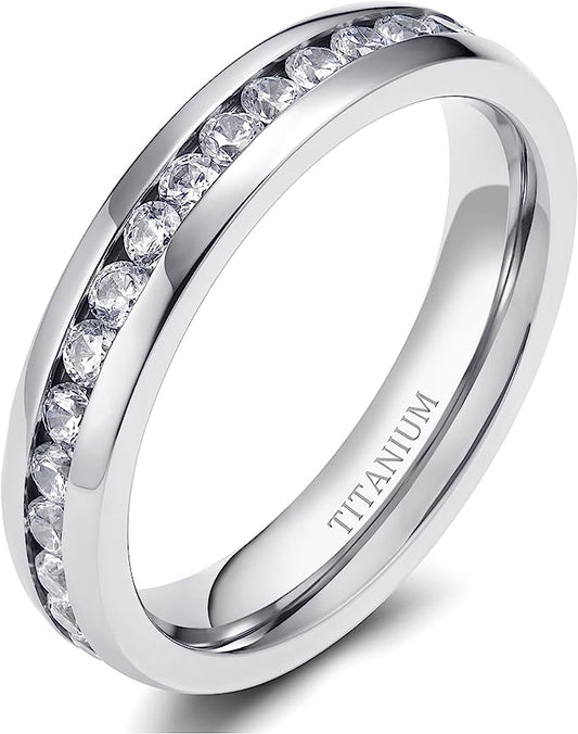 Genuine Titanium Silver 6mm Wide Ring Cubic Zirconia Eternity High Polished Comfort Fit.