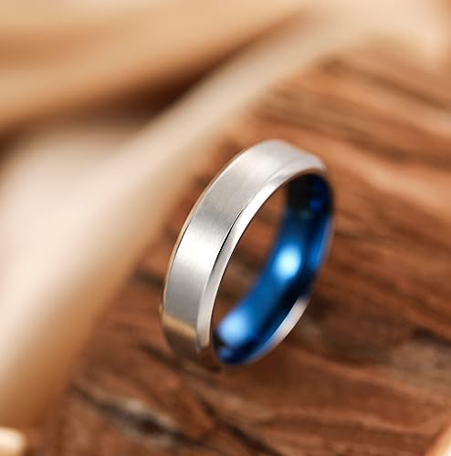 Genuine Titanium Silver Brushed Blue 6mm Wide Ring Wedding Band High Polished Comfort Fit.