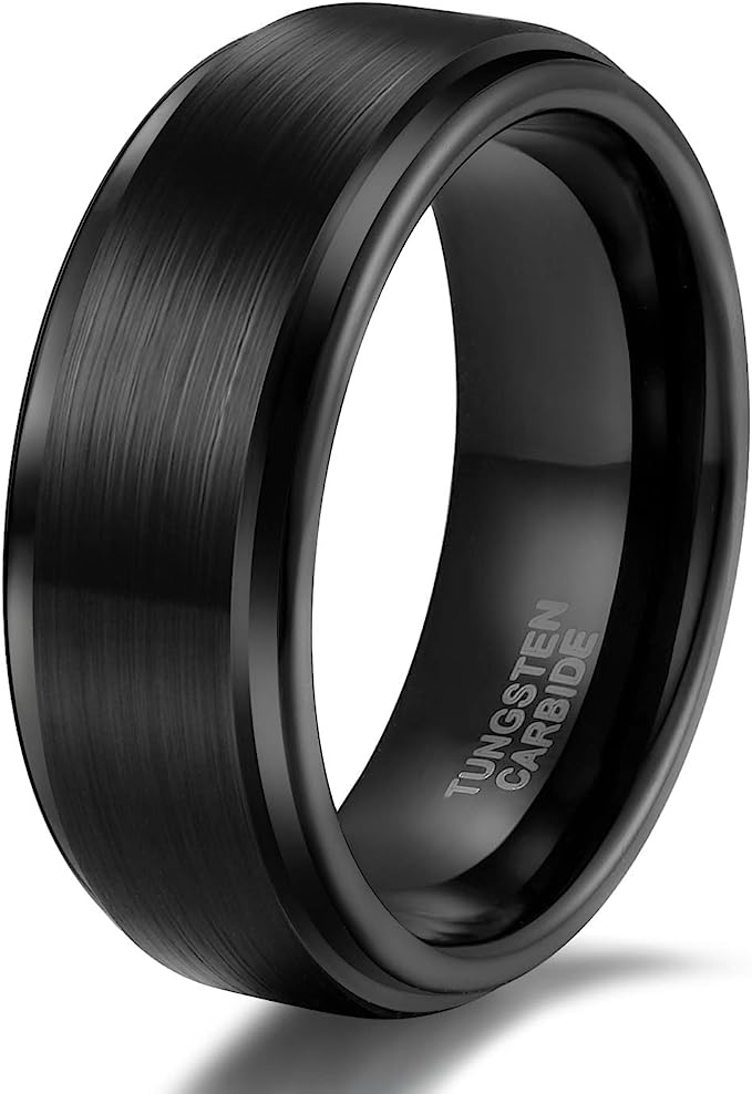 Genuine Carbide Tungsten Color: BLACK Brushed 8mm RING Polished Shiny Comfort Fit Wedding Band Size 6-15