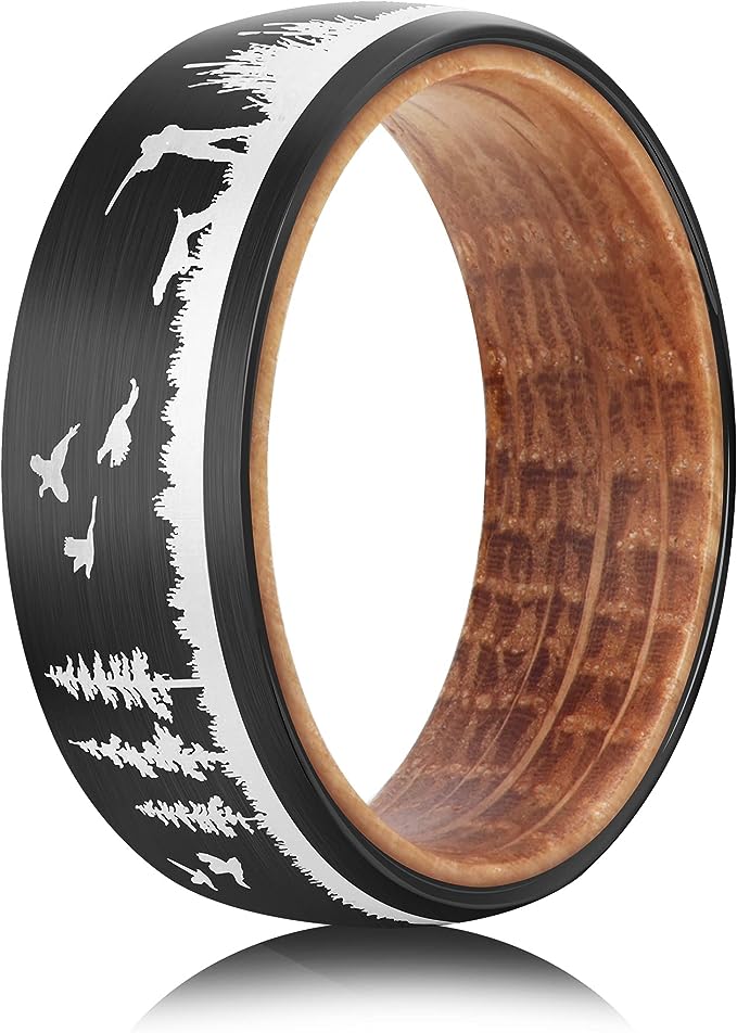 Genuine Carbide Tungsten Color: 8mm BLACK WHITE WOOD LINER inlay Laser Etched Forest Mountain Landscape, Matte Finish