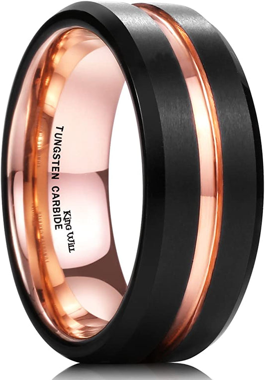 Genuine Carbide Tungsten Color: 8mm Wide Rose Gold & Black matte finish & grooved center and high polished inner-face design smooth and shiny. Comfort Fit Wedding Band Size 6-15