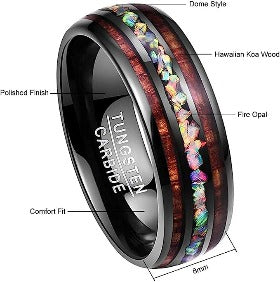 Black 8mm Gorgeous Inlaid with Hawaiian Koa Wood and  Created-Opal Domed Black Inner high polished inner-face design smooth and shiny. Comfort Fit Wedding Band Size 6-15