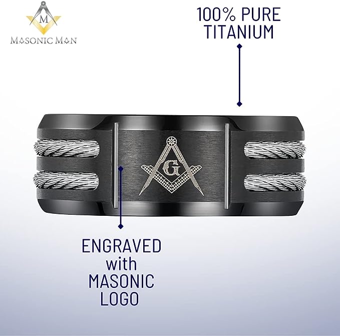 Genuine Titanium Black 8mm Wide Masonic Man Ring High Polished Comfort Fit.