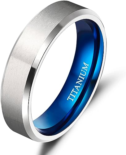 Genuine Titanium Silver Brushed Blue 6mm Wide Ring Wedding Band High Polished Comfort Fit.
