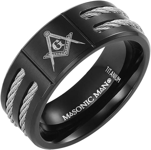 Genuine Titanium Black 8mm Wide Masonic Man Ring High Polished Comfort Fit.