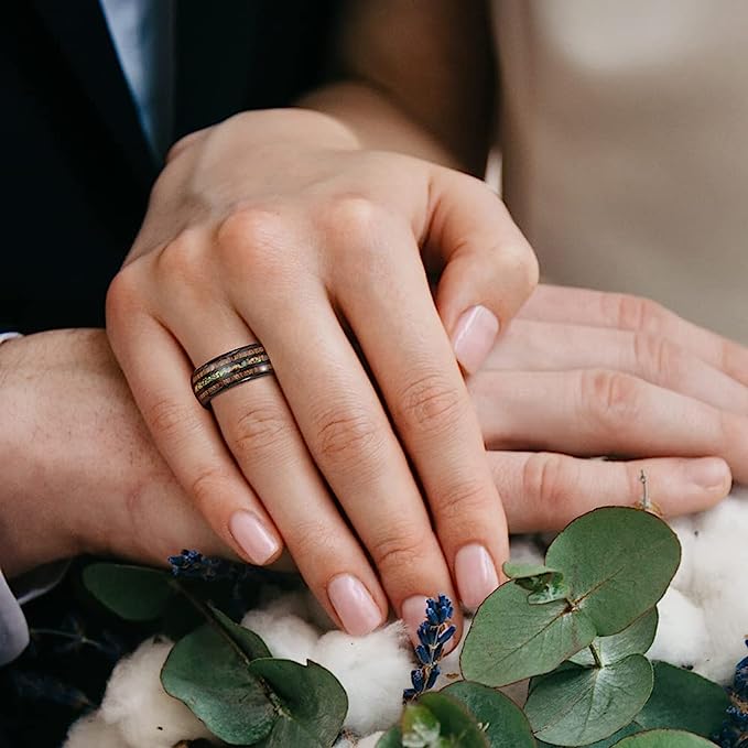 Black 8mm Gorgeous Inlaid with Hawaiian Koa Wood and  Created-Opal Domed Black Inner high polished inner-face design smooth and shiny. Comfort Fit Wedding Band Size 6-15
