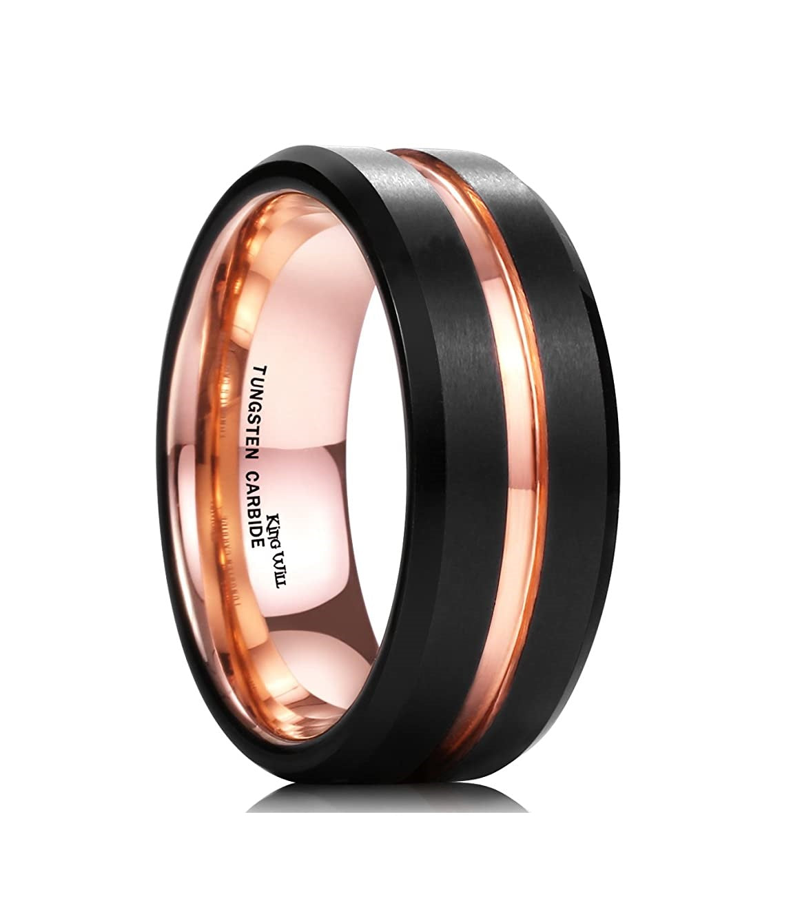 Genuine Carbide Tungsten Color: 8mm Wide Rose Gold & Black matte finish & grooved center and high polished inner-face design smooth and shiny. Comfort Fit Wedding Band Size 6-15