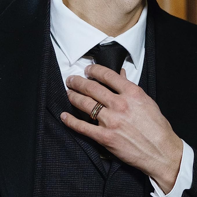 Black 8mm Gorgeous Inlaid with Hawaiian Koa Wood and  Created-Opal Domed Black Inner high polished inner-face design smooth and shiny. Comfort Fit Wedding Band Size 6-15