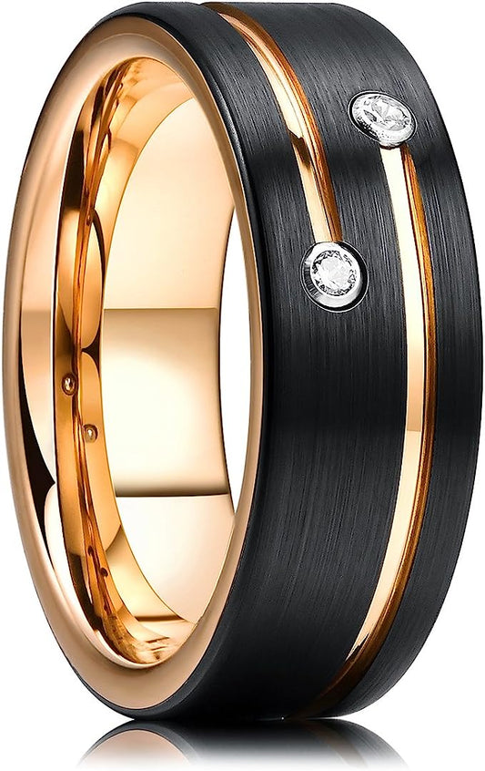 Genuine Carbide Tungsten Color: 8mm Black/Gold With 2 Cubic Zircon CZ Inlaid Gorgeous Stunning Polished Shiny Comfort Fit Wedding Band Size Size 6-15