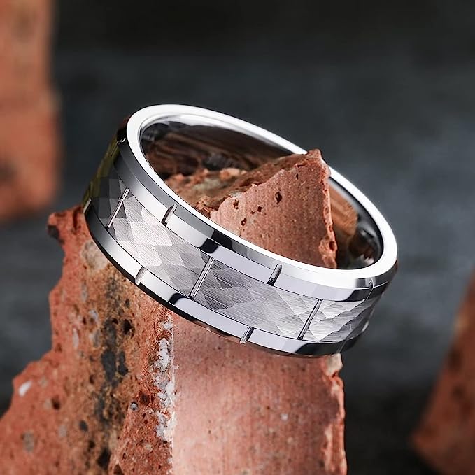 One: Genuine Tungsten Carbide 8mm Silver polished inner face shining finish, Silver Brick Pattern, Surface Brushed silver Finish Comfort Fit wedding band Size 6-15