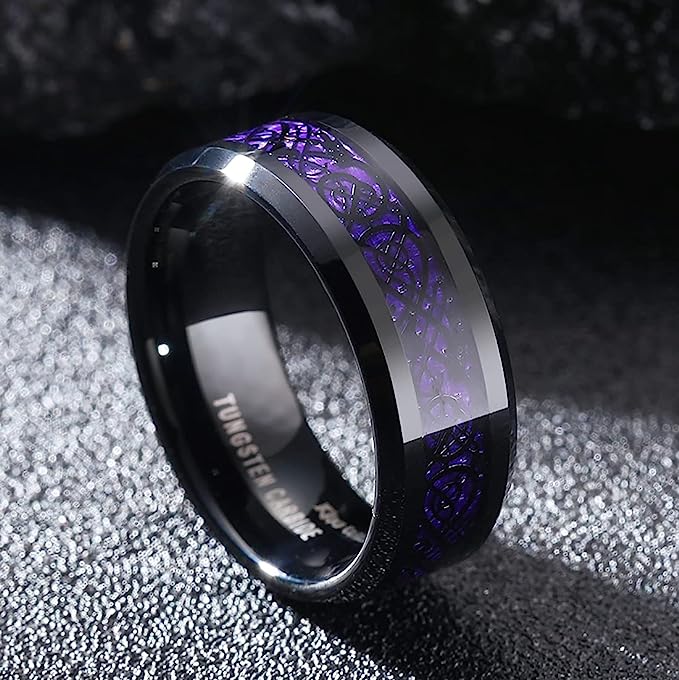 Genuine Carbide Tungsten Color: BLACK Laser Celtic Dragon Purple Fiber Inlay 8mm RING Polished Shiny Comfort Fit Wedding Band Size Size 6-15