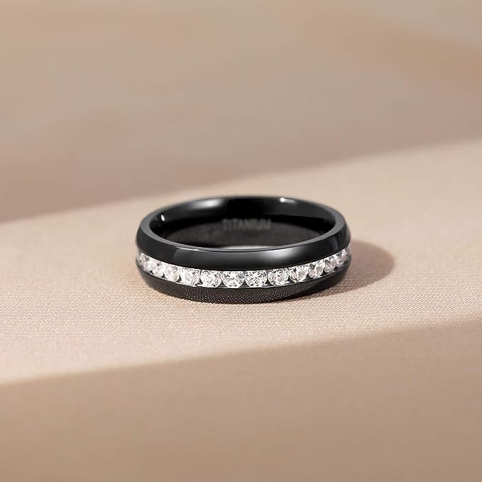 Genuine Titanium Black 6mm Wide Ring Cubic Zirconia Eternity High Polished Comfort Fit.