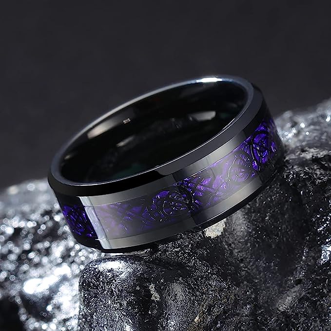 Genuine Carbide Tungsten Color: BLACK Laser Celtic Dragon Purple Fiber Inlay 8mm RING Polished Shiny Comfort Fit Wedding Band Size Size 6-15