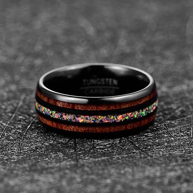 Black 8mm Gorgeous Inlaid with Hawaiian Koa Wood and  Created-Opal Domed Black Inner high polished inner-face design smooth and shiny. Comfort Fit Wedding Band Size 6-15