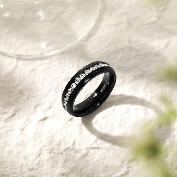 Genuine Titanium Black 6mm Wide Ring Cubic Zirconia Eternity High Polished Comfort Fit.