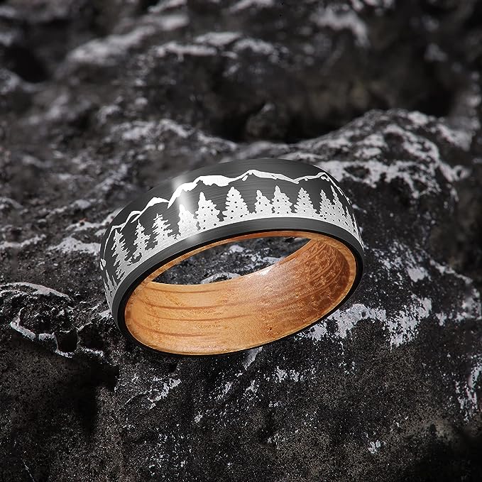 Genuine Carbide Tungsten Color: 8mm BLACK WHITE WOOD LINER inlay High polished inner-face design smooth and shiny. Comfort Fit Wedding Band Size 6-15