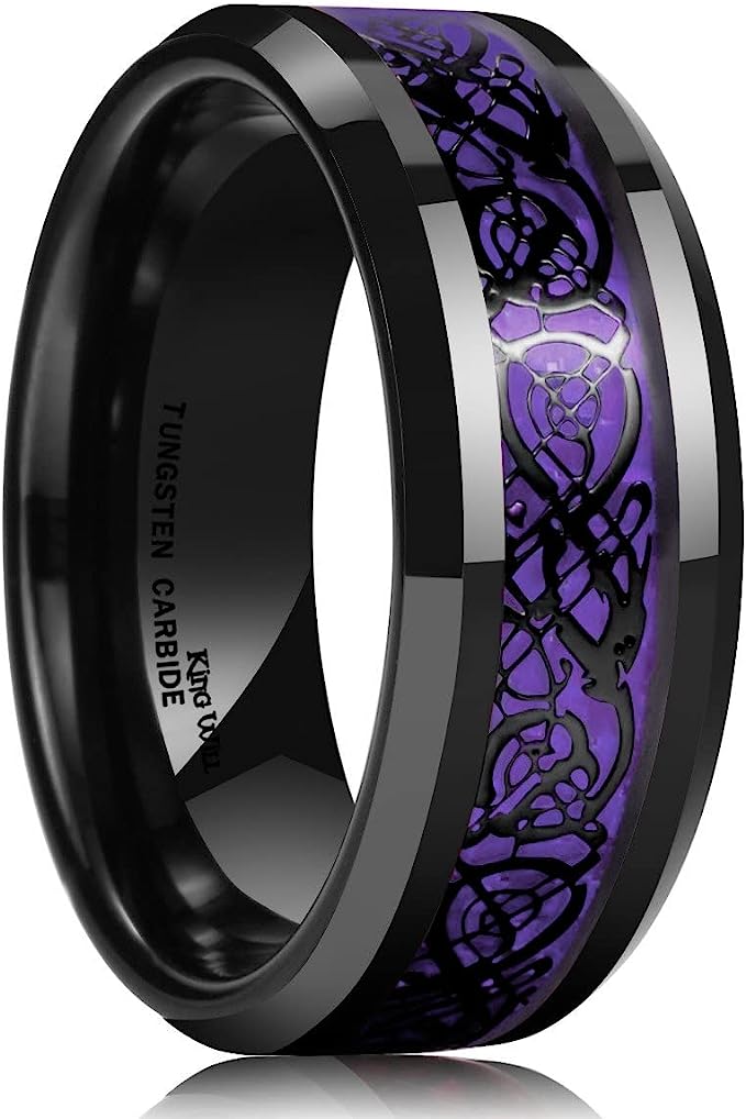 Genuine Carbide Tungsten Color: BLACK Laser Celtic Dragon Purple Fiber Inlay 8mm RING Polished Shiny Comfort Fit Wedding Band Size Size 6-15