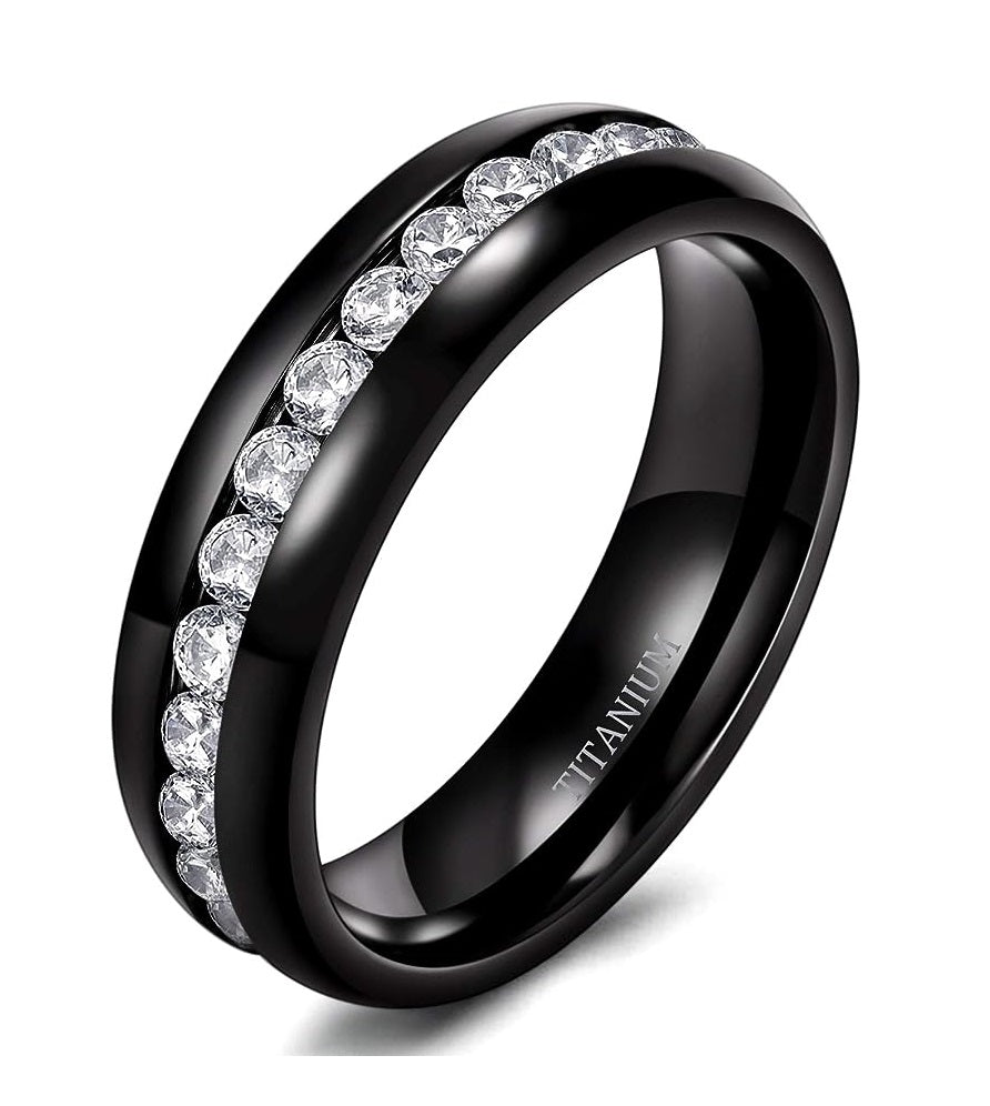 Genuine Titanium Black 6mm Wide Ring Cubic Zirconia Eternity High Polished Comfort Fit.