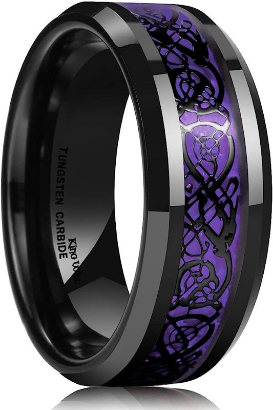 Genuine Carbide Tungsten Color: BLACK Laser Celtic Dragon Purple Fiber Inlay 8mm RING Polished Shiny Comfort Fit Wedding Band Size Size 6-15
