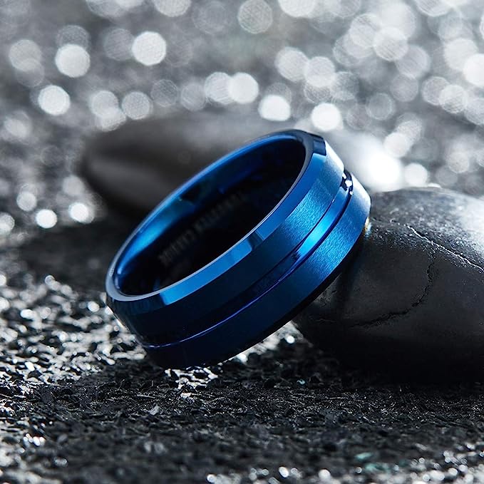 Genuine Carbide Tungsten Color: 8mm wide Blue matte finish & grooved center and high polished inner-face design smooth and shiny. Comfort Fit Wedding Band Size 6-15