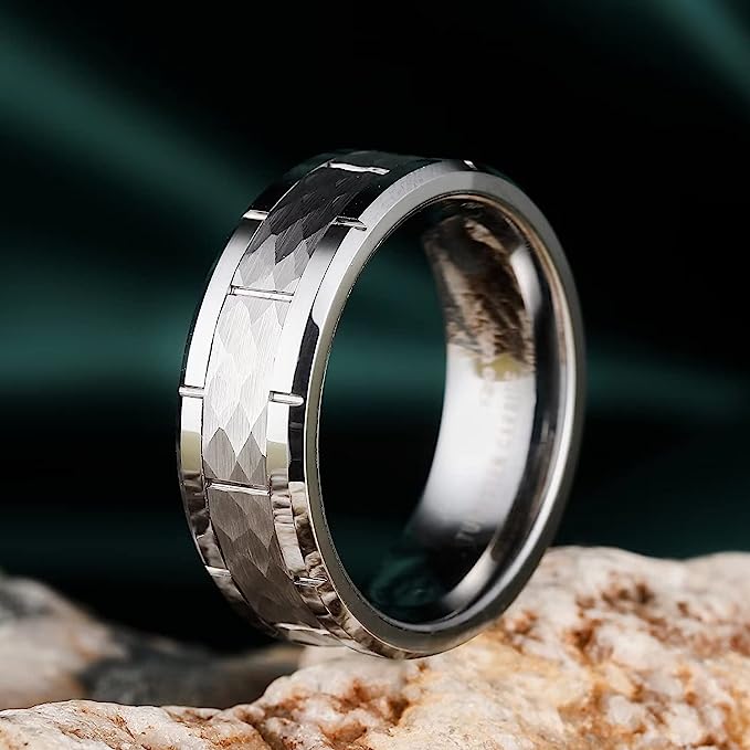 One: Genuine Tungsten Carbide 8mm Silver polished inner face shining finish, Silver Brick Pattern, Surface Brushed silver Finish Comfort Fit wedding band Size 6-15