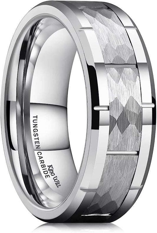 One: Genuine Tungsten Carbide 8mm Silver polished inner face shining finish, Silver Brick Pattern, Surface Brushed silver Finish Comfort Fit wedding band Size 6-15