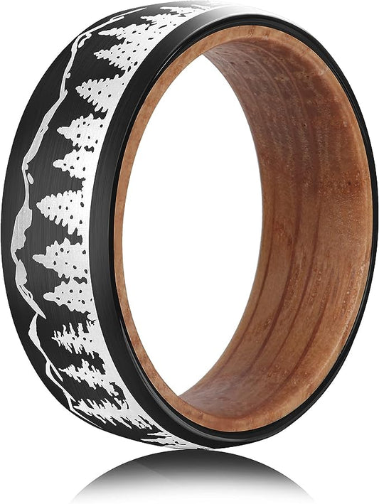 Genuine Carbide Tungsten Color: 8mm BLACK WHITE WOOD LINER inlay High polished inner-face design smooth and shiny. Comfort Fit Wedding Band Size 6-15