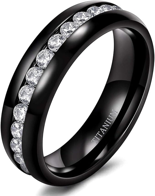 Genuine Titanium Black 6mm Wide Ring Cubic Zirconia Eternity High Polished Comfort Fit.