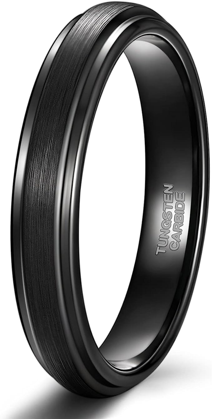 Genuine Carbide Tungsten Color: BLACK Brushed 4mm RING Polished Shiny Comfort Fit Wedding Band Size 6-15